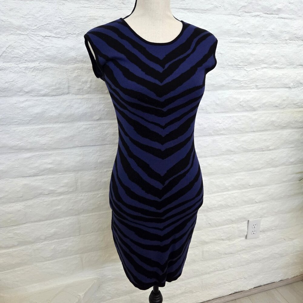 Vintage Express Bodycon Dress Womens Small Blue Black Animal Print Pullover Y2K